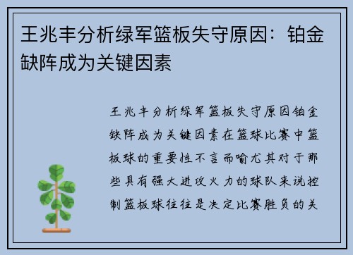 王兆丰分析绿军篮板失守原因：铂金缺阵成为关键因素