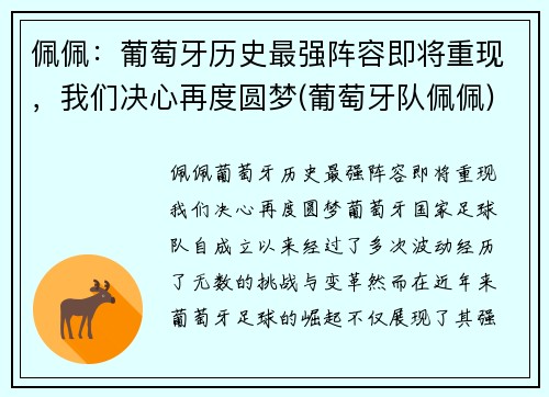 佩佩：葡萄牙历史最强阵容即将重现，我们决心再度圆梦(葡萄牙队佩佩)
