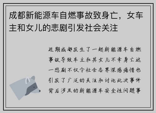 成都新能源车自燃事故致身亡，女车主和女儿的悲剧引发社会关注
