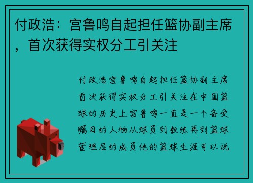 付政浩：宫鲁鸣自起担任篮协副主席，首次获得实权分工引关注