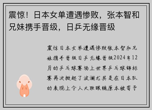 震惊！日本女单遭遇惨败，张本智和兄妹携手晋级，日乒无缘晋级