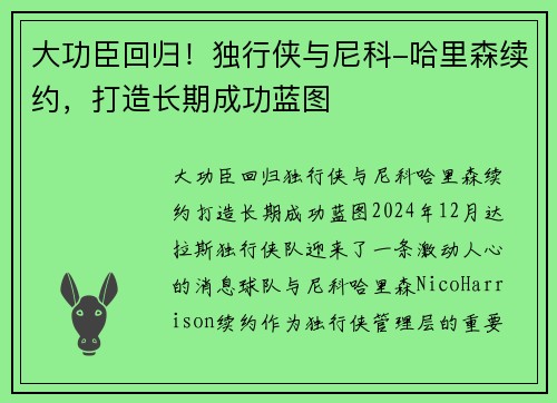 大功臣回归！独行侠与尼科-哈里森续约，打造长期成功蓝图